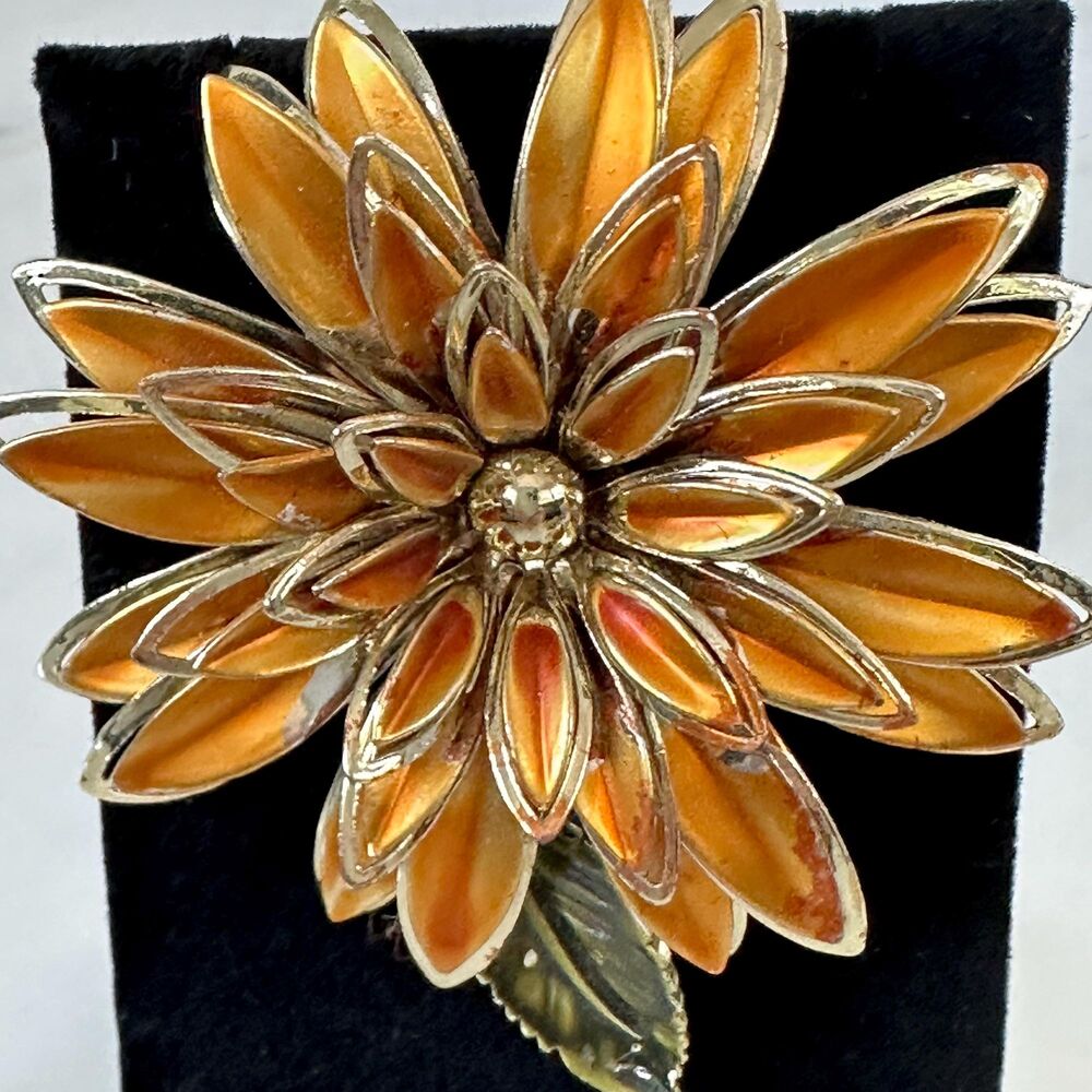 Vtg 1960s Orange Enamel Flower Brooch Gold Tone Layered 3D Floral Pin MCM Retro